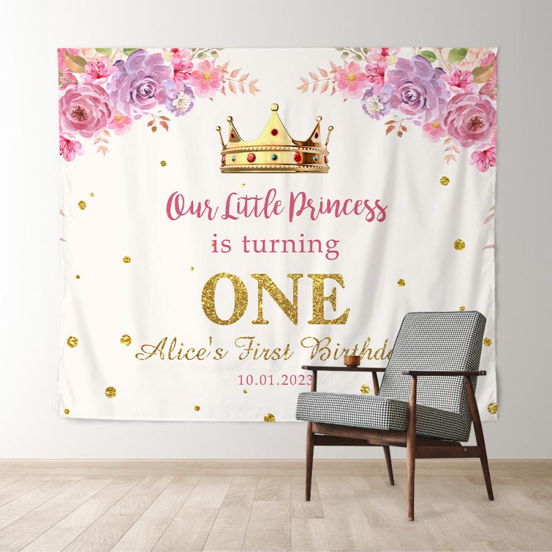 Lofaris Personalized Gold Floral Girl Birthday Backdrop