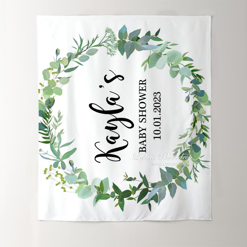 Lofaris Personalized Green Leaf Wreath Backdrop for Baby Shower