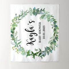 Lofaris Personalized Green Leaf Wreath Backdrop for Baby Shower