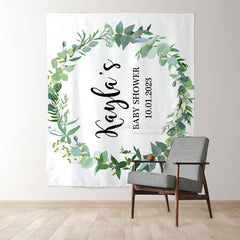Lofaris Personalized Green Leaf Wreath Backdrop for Baby Shower