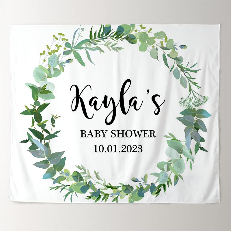 Lofaris Personalized Green Leaf Wreath Backdrop for Baby Shower