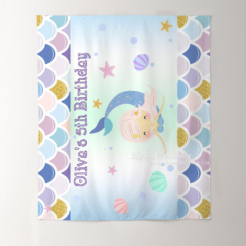 Lofaris Personalized Mermaid And Shell Birthday Backdrop Decor