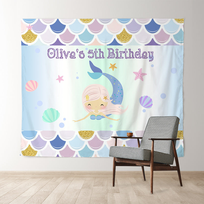 Lofaris Personalized Mermaid And Shell Birthday Backdrop Decor