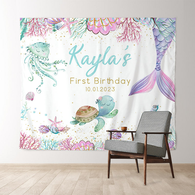 Lofaris Personalized Pastel Mermaid Birthday Backdrop Banner