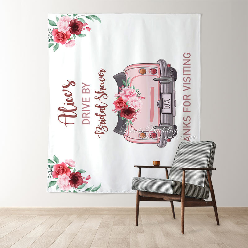 Lofaris Personalized Pink Car And Floral Bridal Shower Backdrop