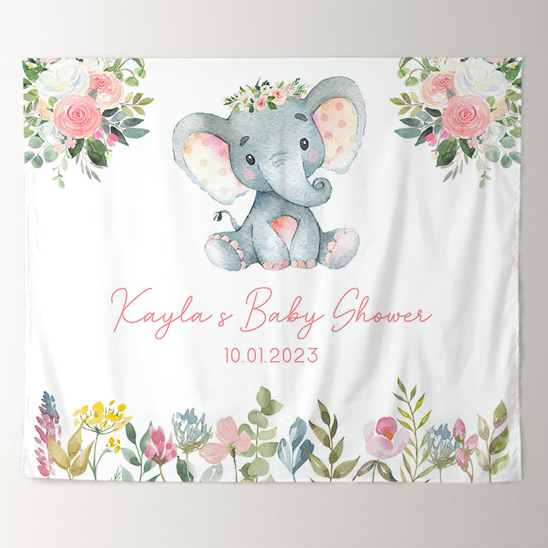 Lofaris Personalized Pink Elephant Baby Shower Backdrop Banner