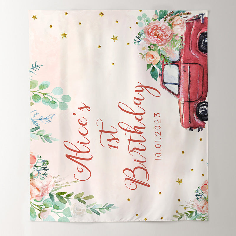 Lofaris Personalized Pink Floral Greeny Girl Birthday Banner