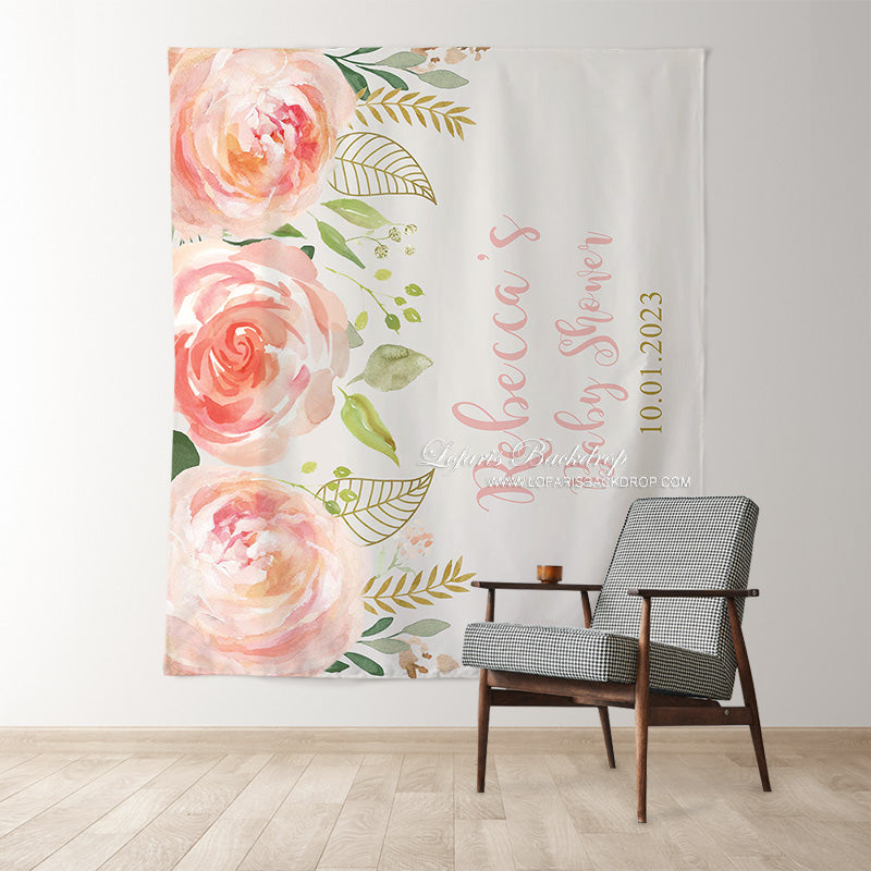 Lofaris Personalized Pink Flower Gold Baby Shower Backdrop Banner