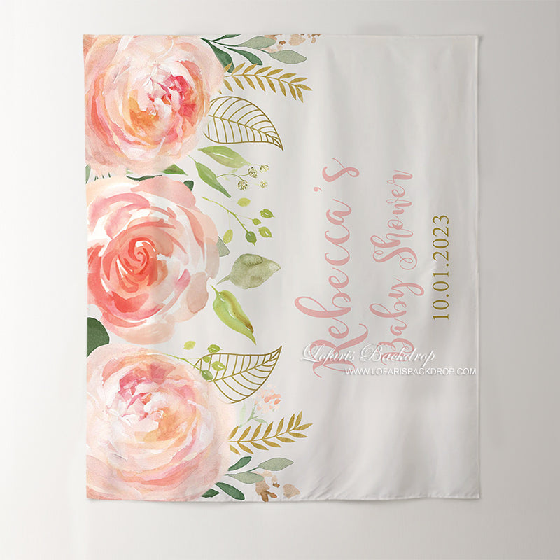 Lofaris Personalized Pink Flower Gold Baby Shower Backdrop Banner