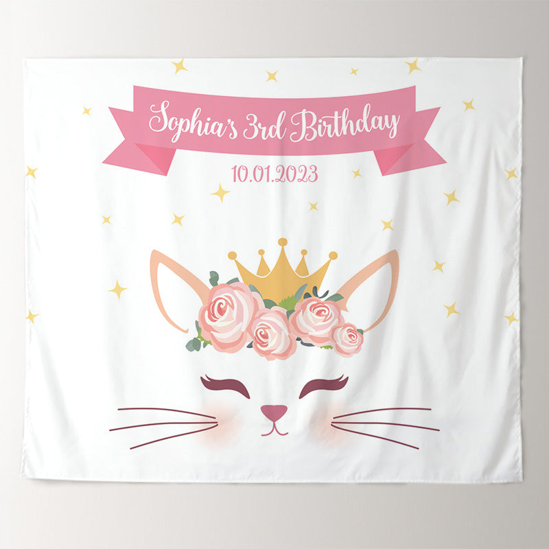 Lofaris Personalized Pink Gold Cat Birthday Backdrop Banner