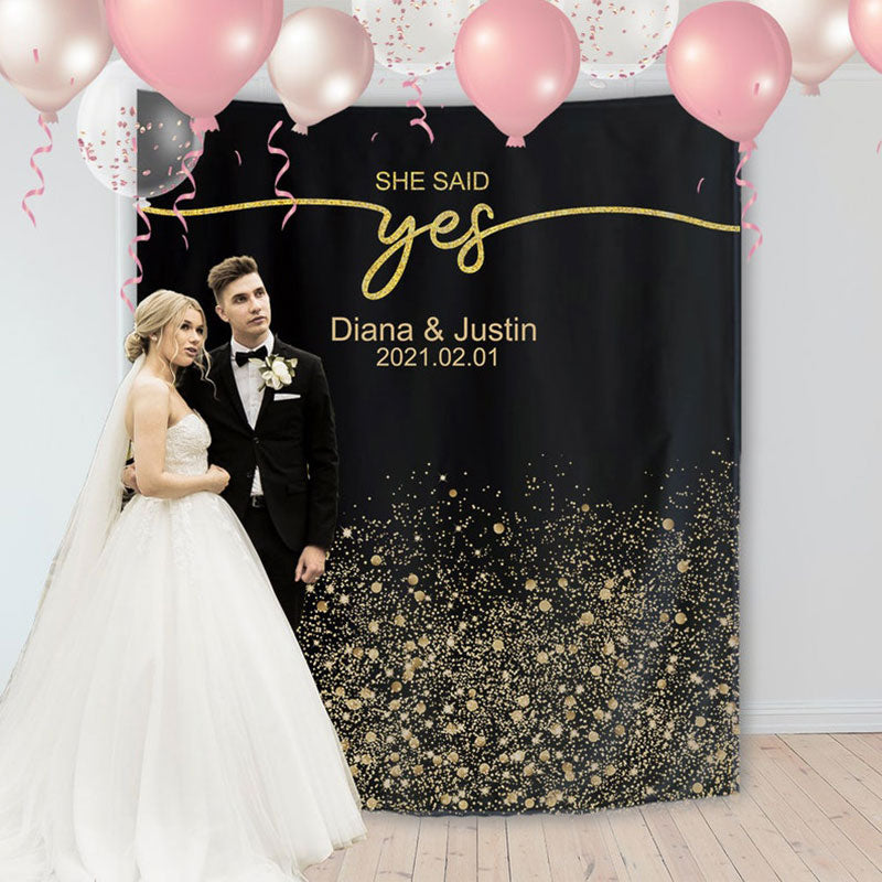 Lofaris Personalized She Said Yes Black Backdrop Decor Banner