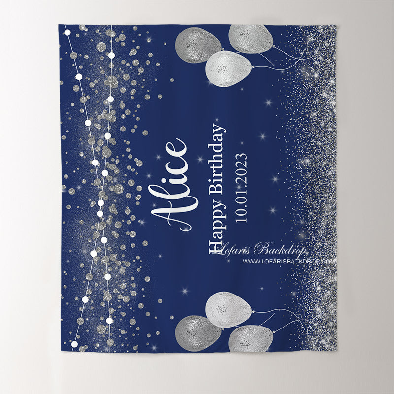 Lofaris Personalized Shiny Silver Balloon Blue Backdrops for Birthday Party