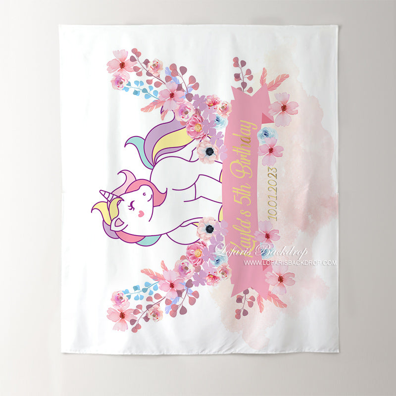 Lofaris Personalized Unicorn And Flower Birthday Backdrop Banner