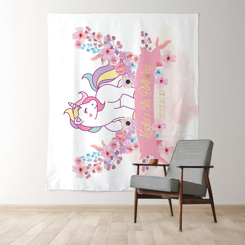 Lofaris Personalized Unicorn And Flower Birthday Backdrop Banner