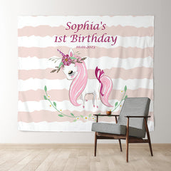 Lofaris Personalized Unicorn And Stripe Birthday Backdrop Decor
