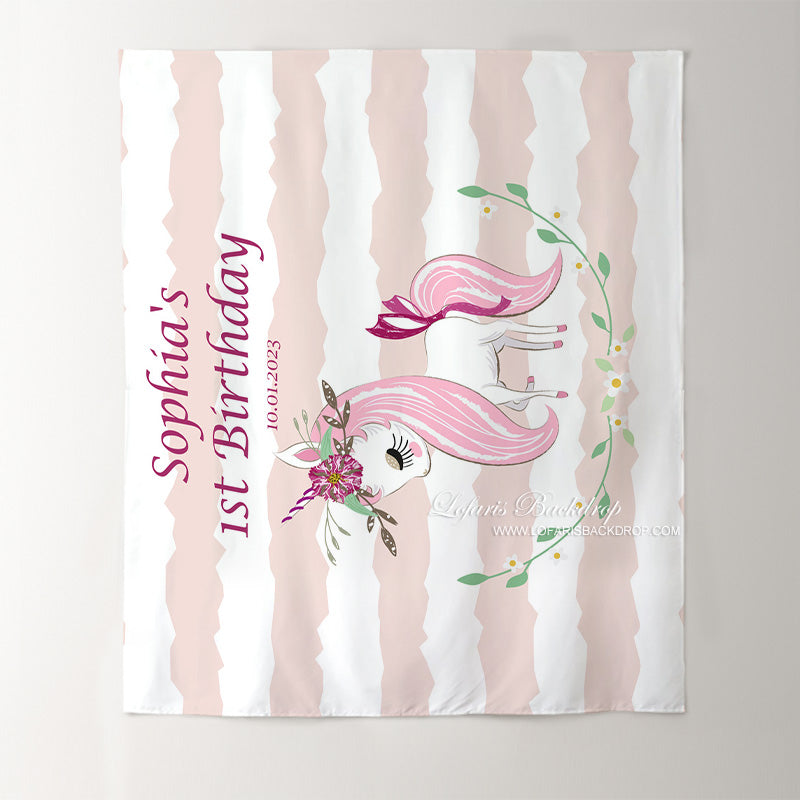 Lofaris Personalized Unicorn And Stripe Birthday Backdrop Decor