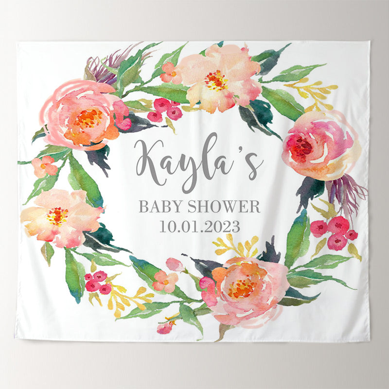 Lofaris Personalized Watercolor Flowers Baby Shower Backdrop Banner