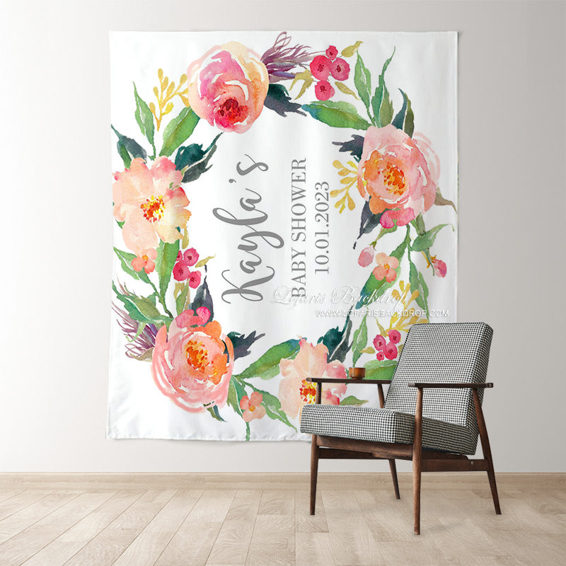 Lofaris Personalized Watercolor Flowers Baby Shower Backdrop Banner
