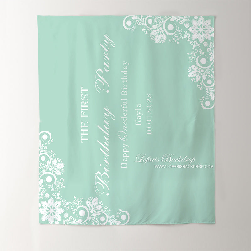 Lofaris Personalized White Flower Green Birthday Backdrop Banner