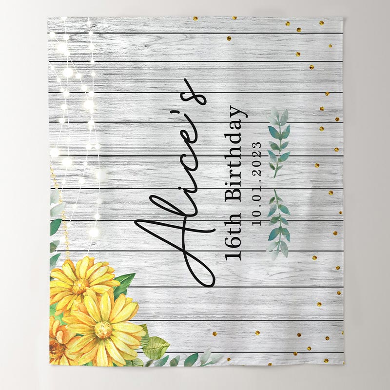 Lofaris Personalized Yellow Floral Wooden Birthday Backdrop