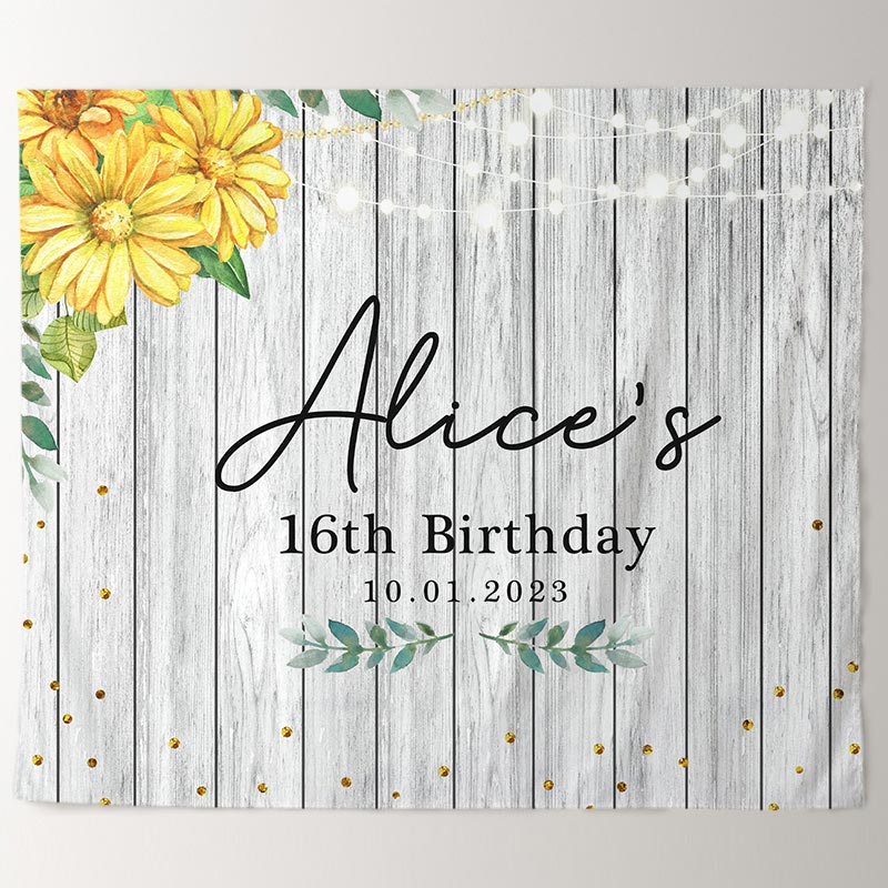 Lofaris Personalized Yellow Floral Wooden Birthday Backdrop