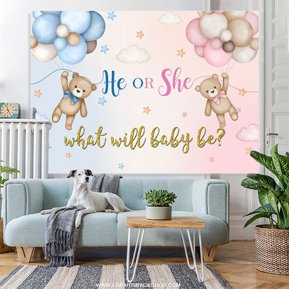 Lofaris Pink And Blue Bears Balloon Gender Reveal Backdrop