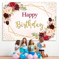 Lofaris Pink And Dark Red Floral Happy Birthday Party Backdrop