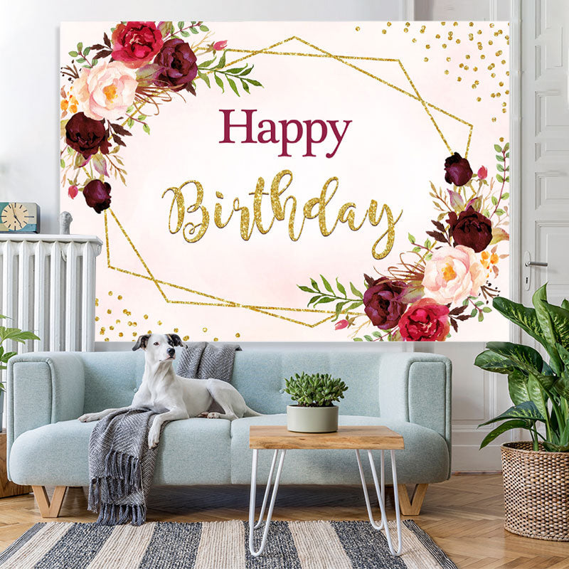 Lofaris Pink And Dark Red Floral Happy Birthday Party Backdrop
