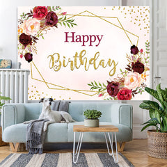Lofaris Pink And Dark Red Floral Happy Birthday Party Backdrop