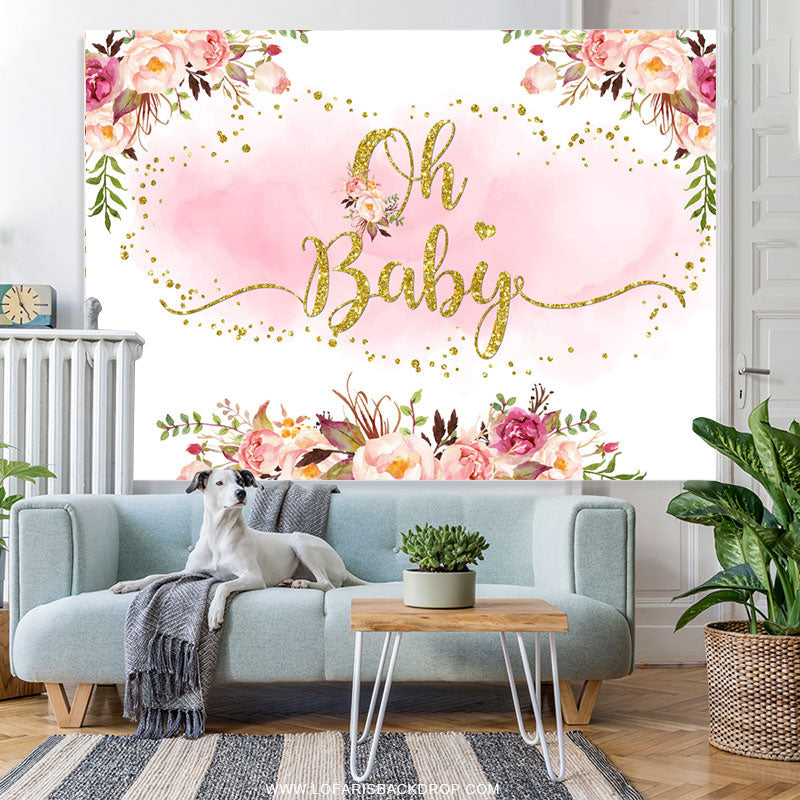 Lofaris Pink And Glitter Golden Floral Baby Shower Backdrop