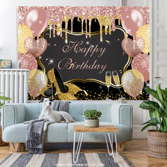 Lofaris Pink And Gold Glitter Balloons Happy Birthday Backdrop