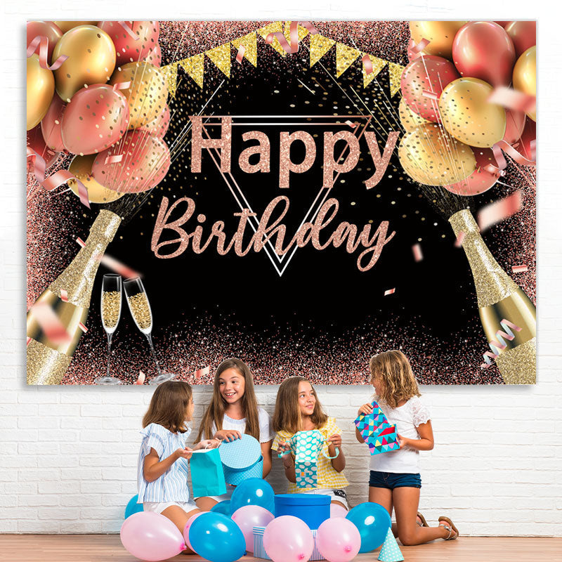 Lofaris Pink And Golden Balloons Glitter Birthday Backdrop