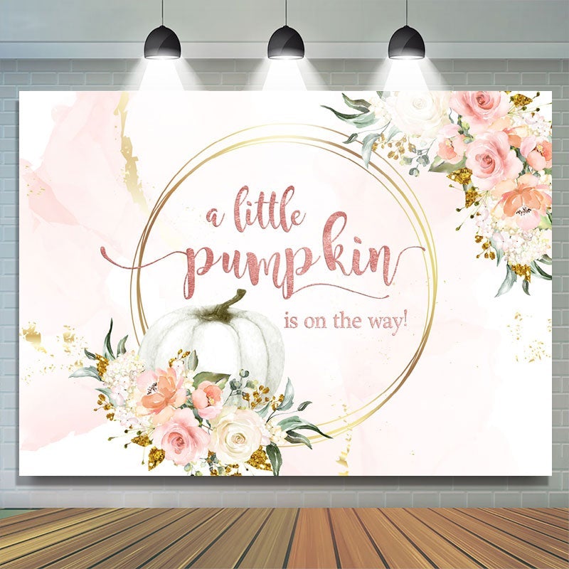 Lofaris Pink and golden floral pumpkin baby shower Backdrop