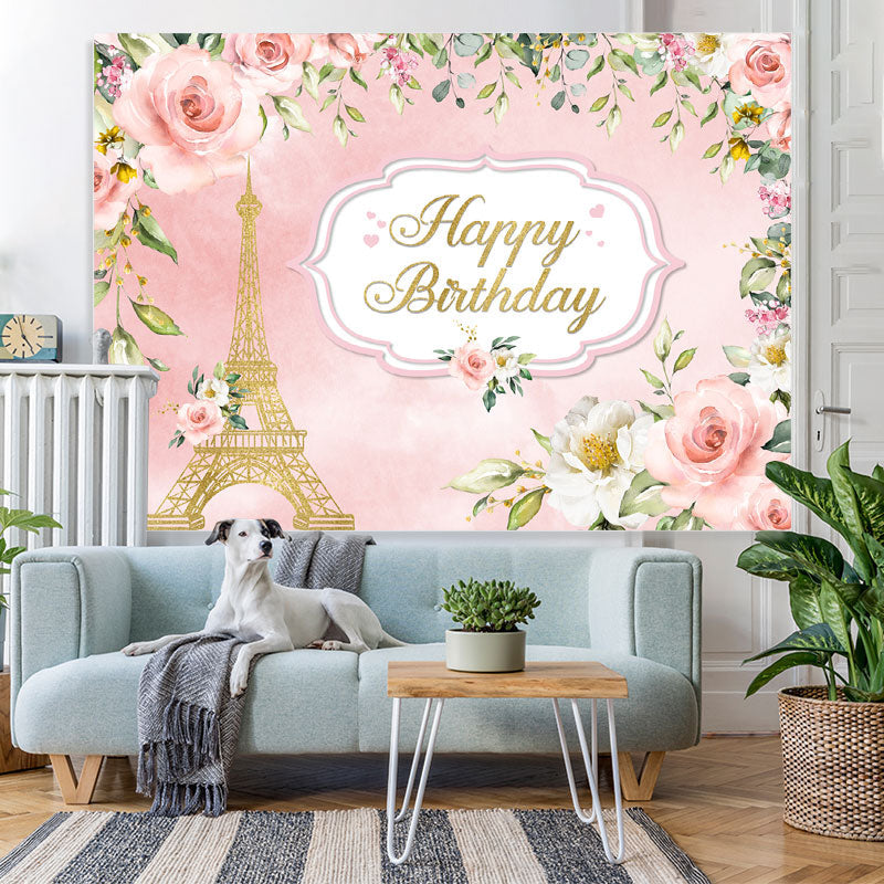 Lofaris Pink And Golden Floral Tower Happy Birthday Backdrop