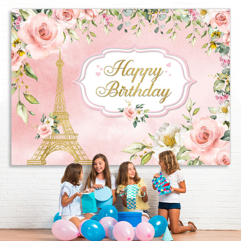 Lofaris Pink And Golden Floral Tower Happy Birthday Backdrop