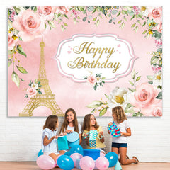 Lofaris Pink And Golden Floral Tower Happy Birthday Backdrop