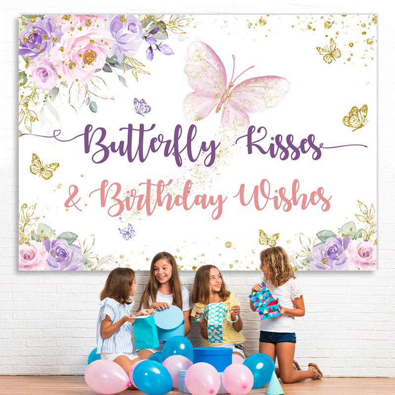 Lofaris Pink and Purple Floral Butterfly Birthday Backdrop