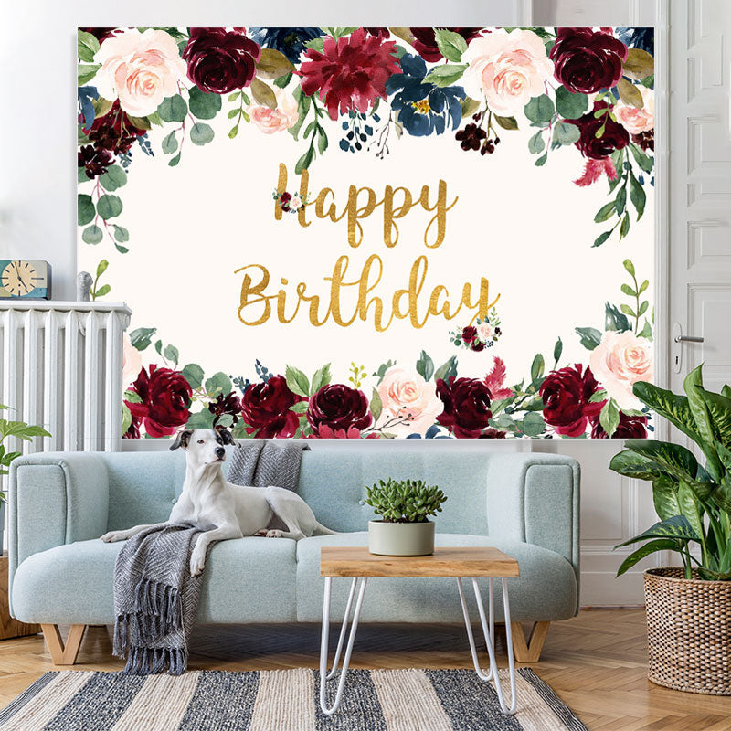 Lofaris Pink and Red Roses Golden Happy Birthday Party Backdrop