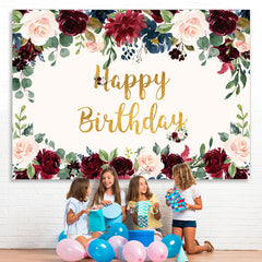 Lofaris Pink and Red Roses Golden Happy Birthday Party Backdrop
