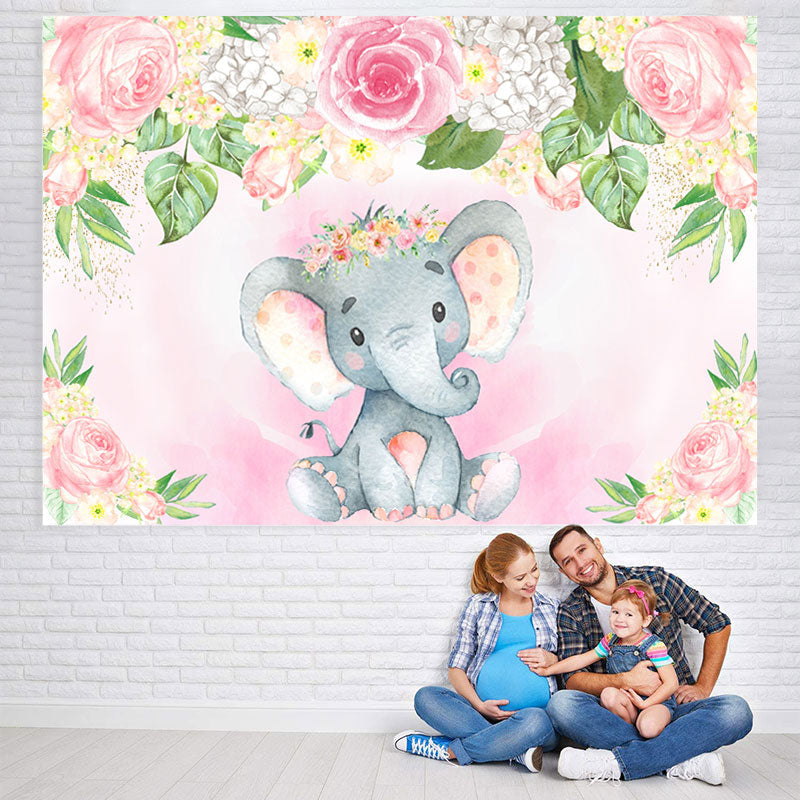 Lofaris Pink and White Floral Elephent Baby Shower Backdrop