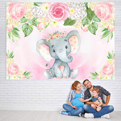 Lofaris Pink and White Floral Elephent Baby Shower Backdrop