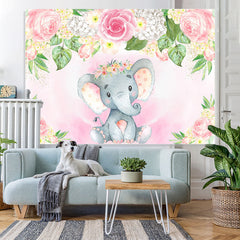 Lofaris Pink and White Floral Elephent Baby Shower Backdrop