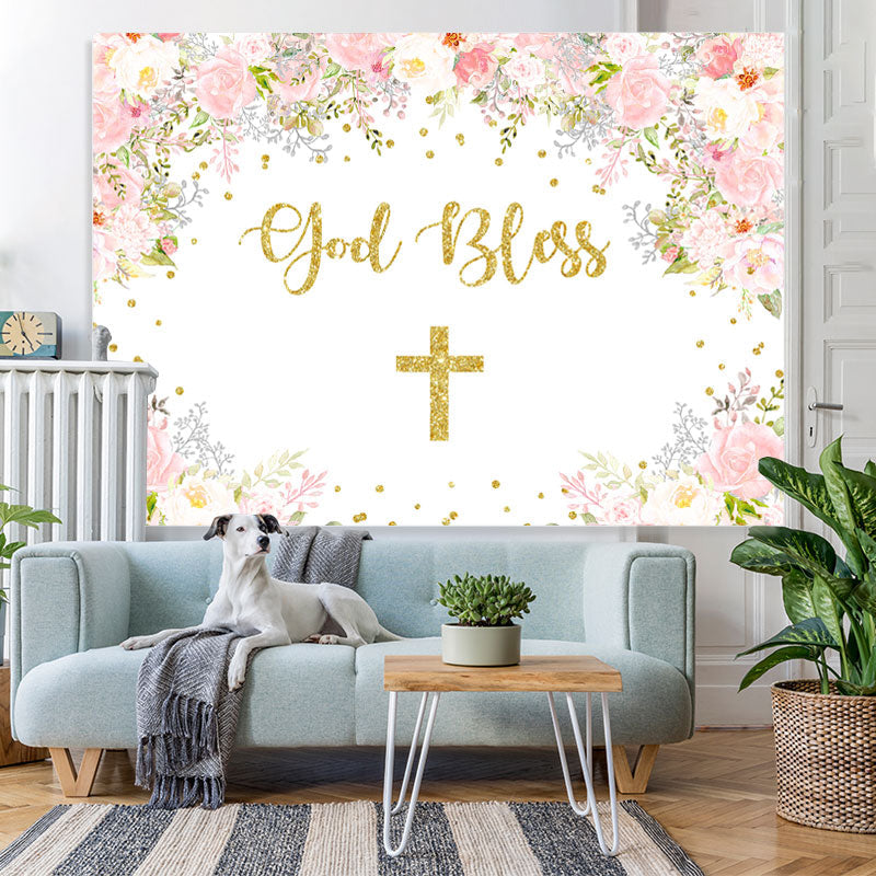 Lofaris Pink And White Floral God Bless Baby Shower Backdrop