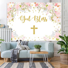 Lofaris Pink And White Floral God Bless Baby Shower Backdrop