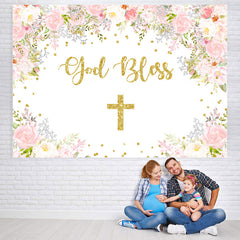 Lofaris Pink And White Floral God Bless Baby Shower Backdrop