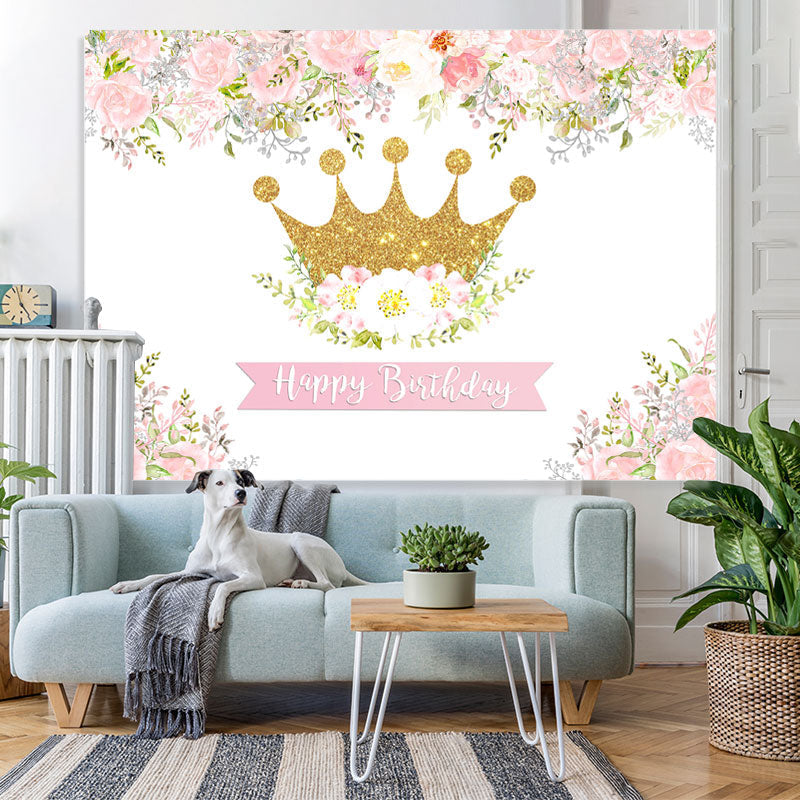 Lofaris Pink and White Floral Golden Crown Birthday Backdrop