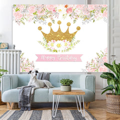Lofaris Pink and White Floral Golden Crown Birthday Backdrop