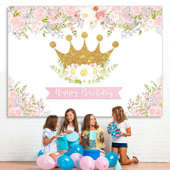 Lofaris Pink and White Floral Golden Crown Birthday Backdrop