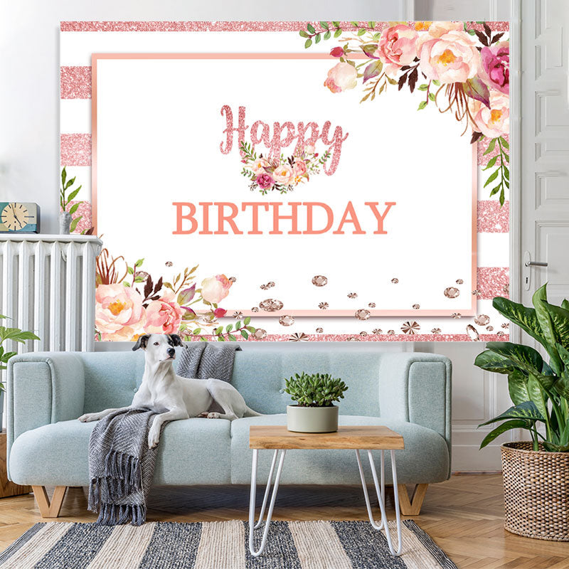 Lofaris Pink And White Floral Happy Birthday Backdrop For Girl