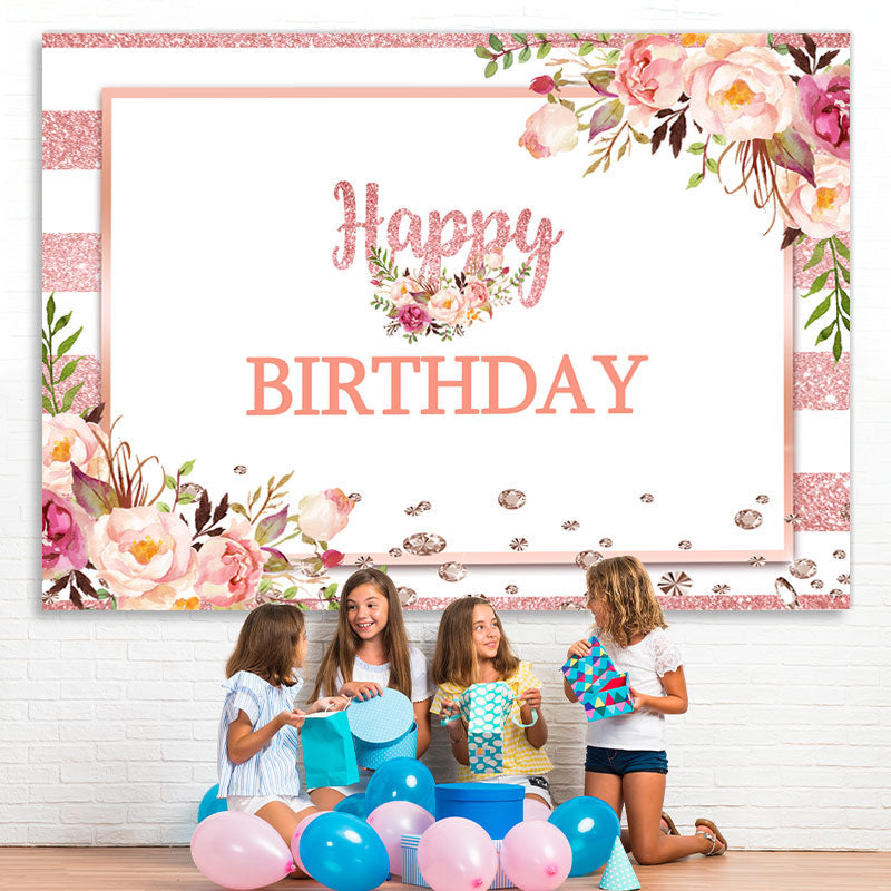 Lofaris Pink And White Floral Happy Birthday Backdrop For Girl